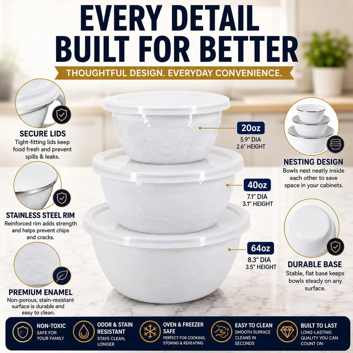 Golden Rabbit Enamelware Nesting Storage Bowls with Lids | White Set of 3 for Kitchen & Serving - view 4