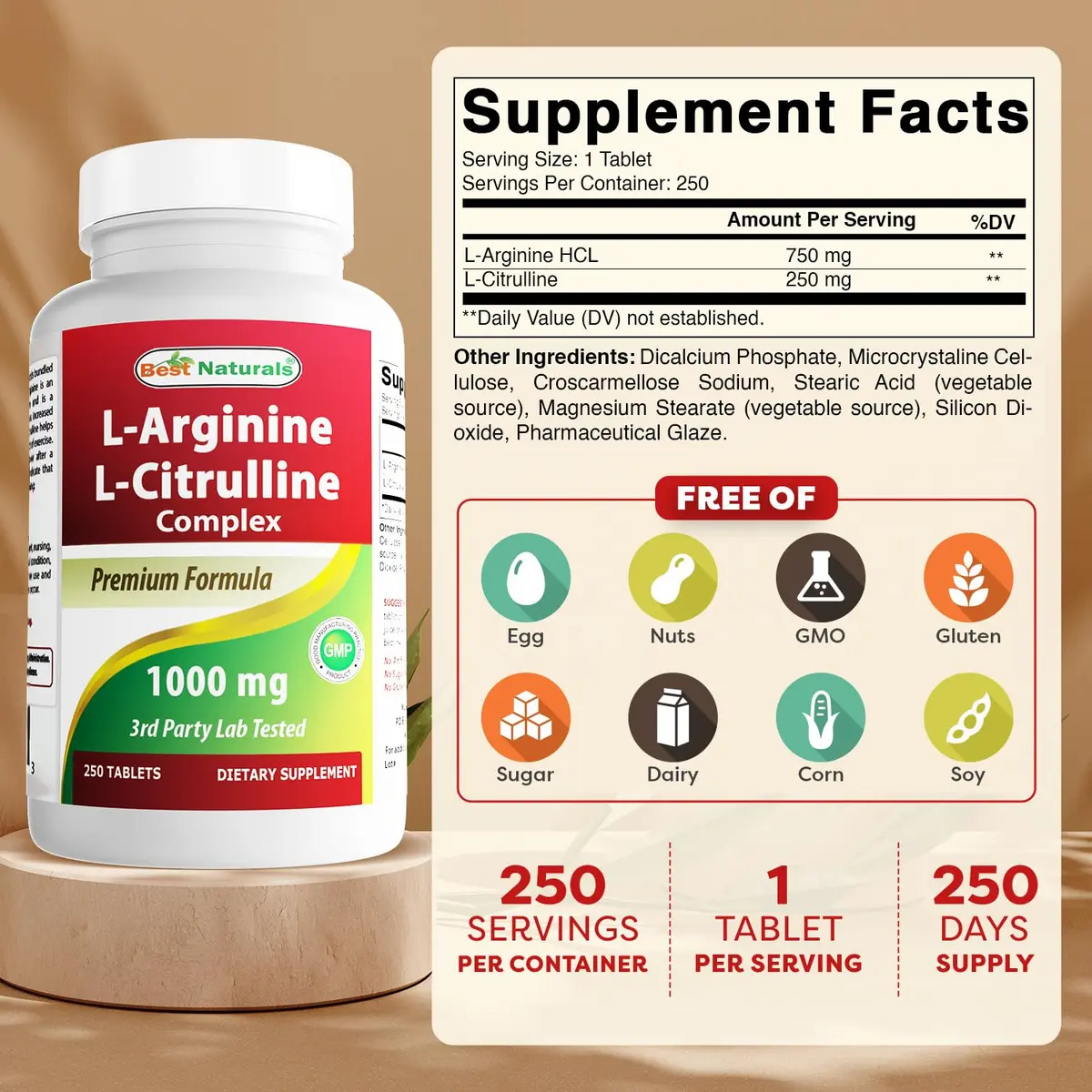 Best Naturals L-Arginine L-Citrulline Complex Tablets 250 Count | 1000mg Per Tablet, 3rd Party Tested - view 4