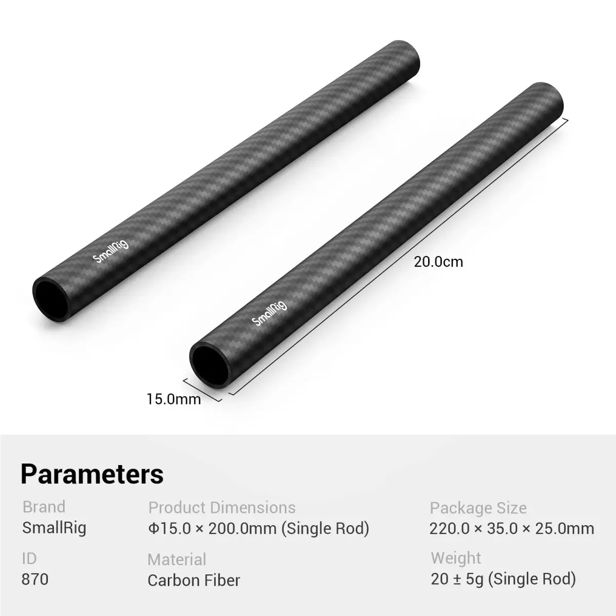 SMALLRIG 15mm Carbon Fiber Rod (Non-Thread), 20cm (8") Long, Pack of 2 | Lightweight & Rigid Camera Support - view 7