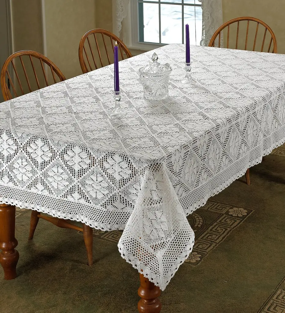 Violet Linen Stars Crochet Vintage Lace Design Tablecloth 60" x 105" | Elegant Vintage Style - view 2