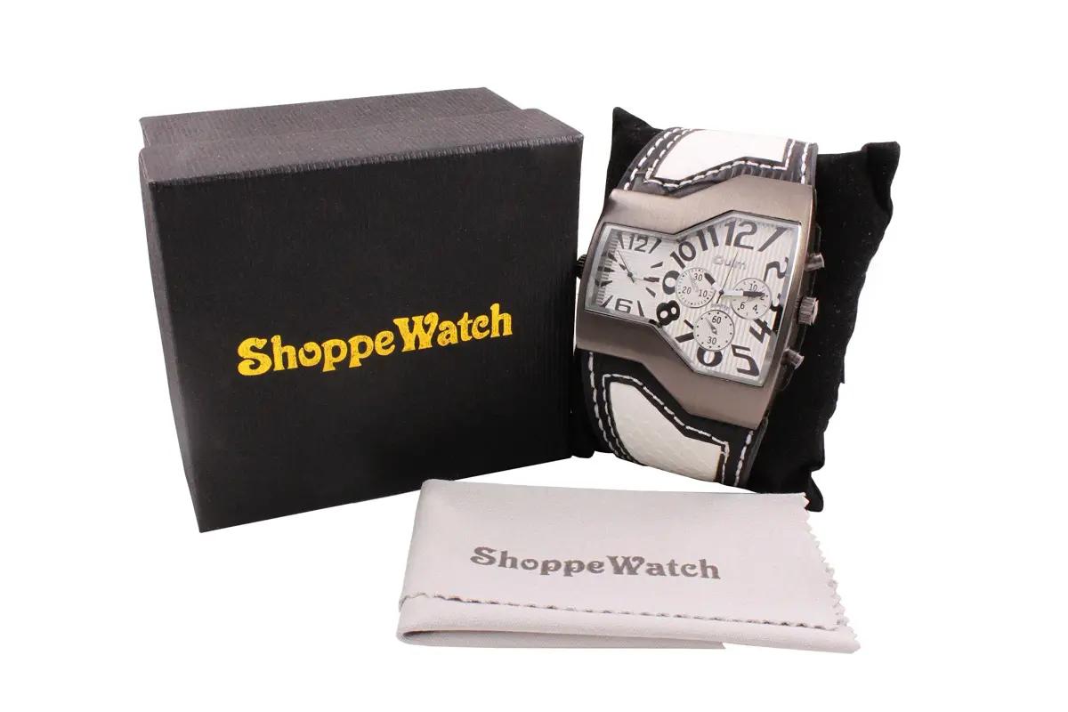 ShoppeWatch Dual Time Analog Quartz Watch 54mm (2.13 inch) | White Leather Band - view 5