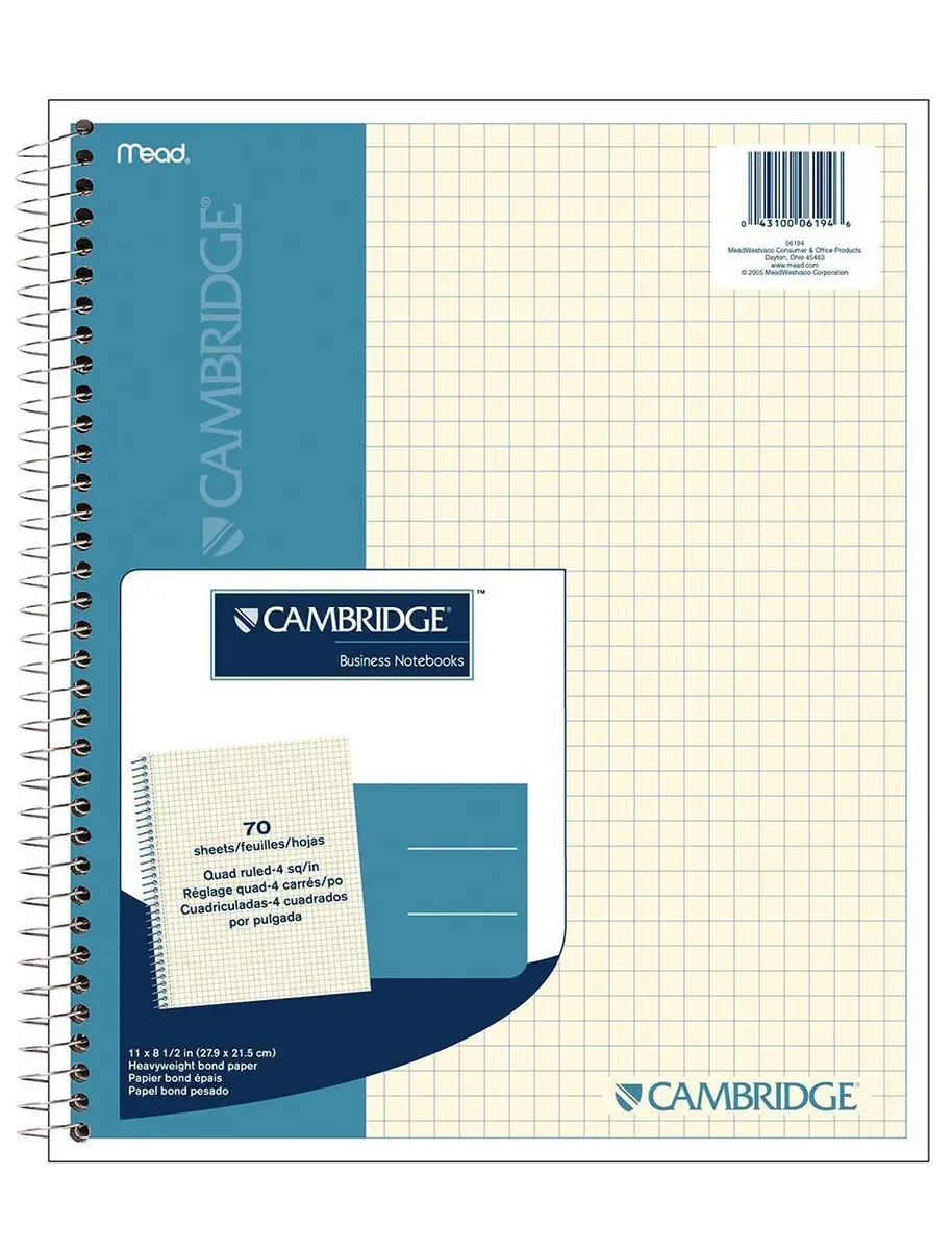 Cambridge Quad Wirebound Notebook 70ct (06194) Pack Of 6 | Ivory Paper, 27.9x21.5cm - main product image