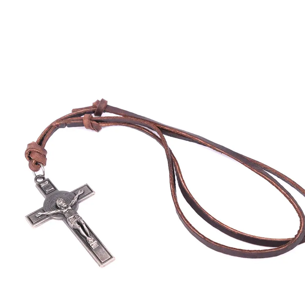 jonline24h Jesus Crucifixion Cross Pendant Necklace Leather Cord | Vintage Style Religious Jewelry - main product image