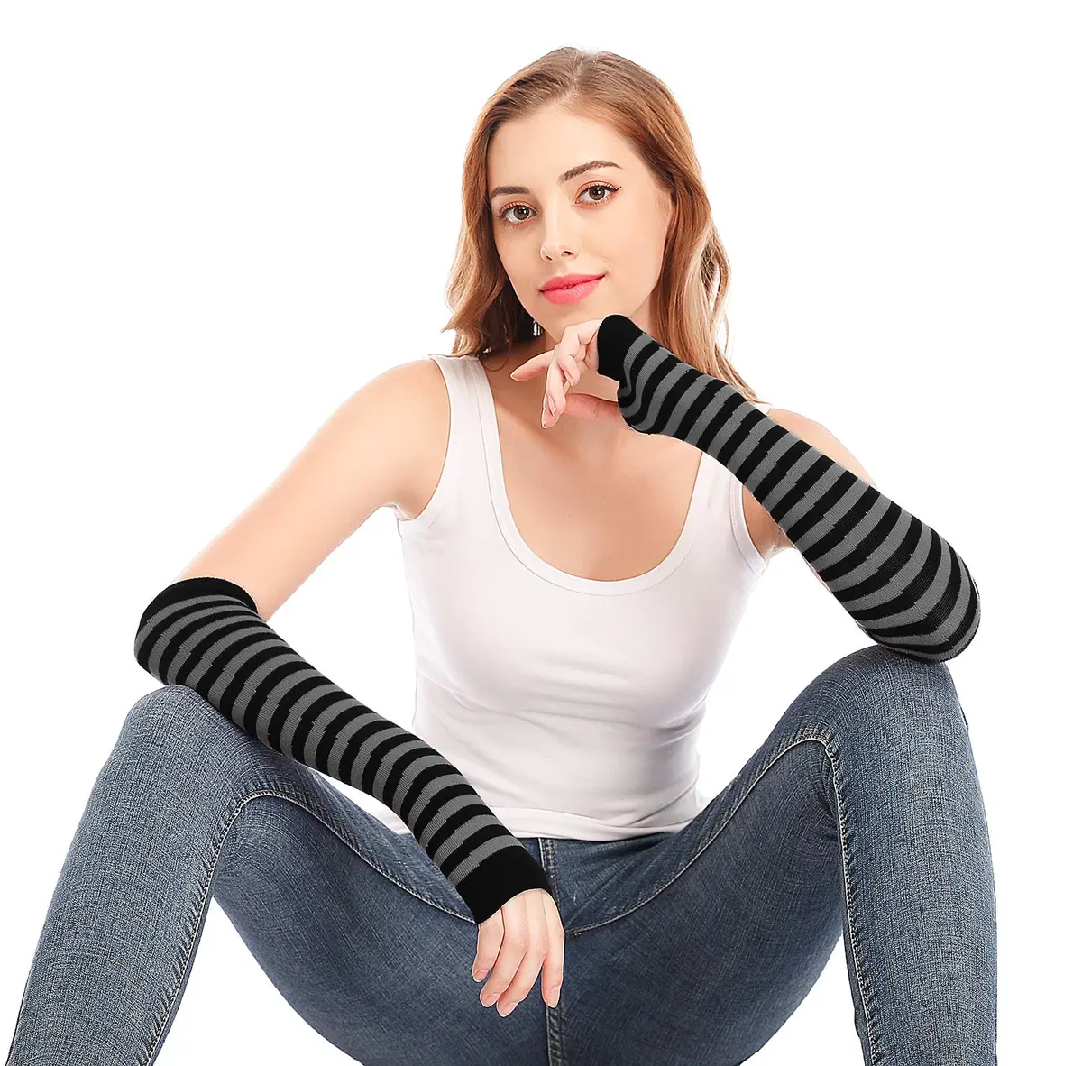 Bienvenu Punk Gothic Rock Arm Sleeve 14"x 3.5" | Fingerless, Acrylic, Black Grey - view 4