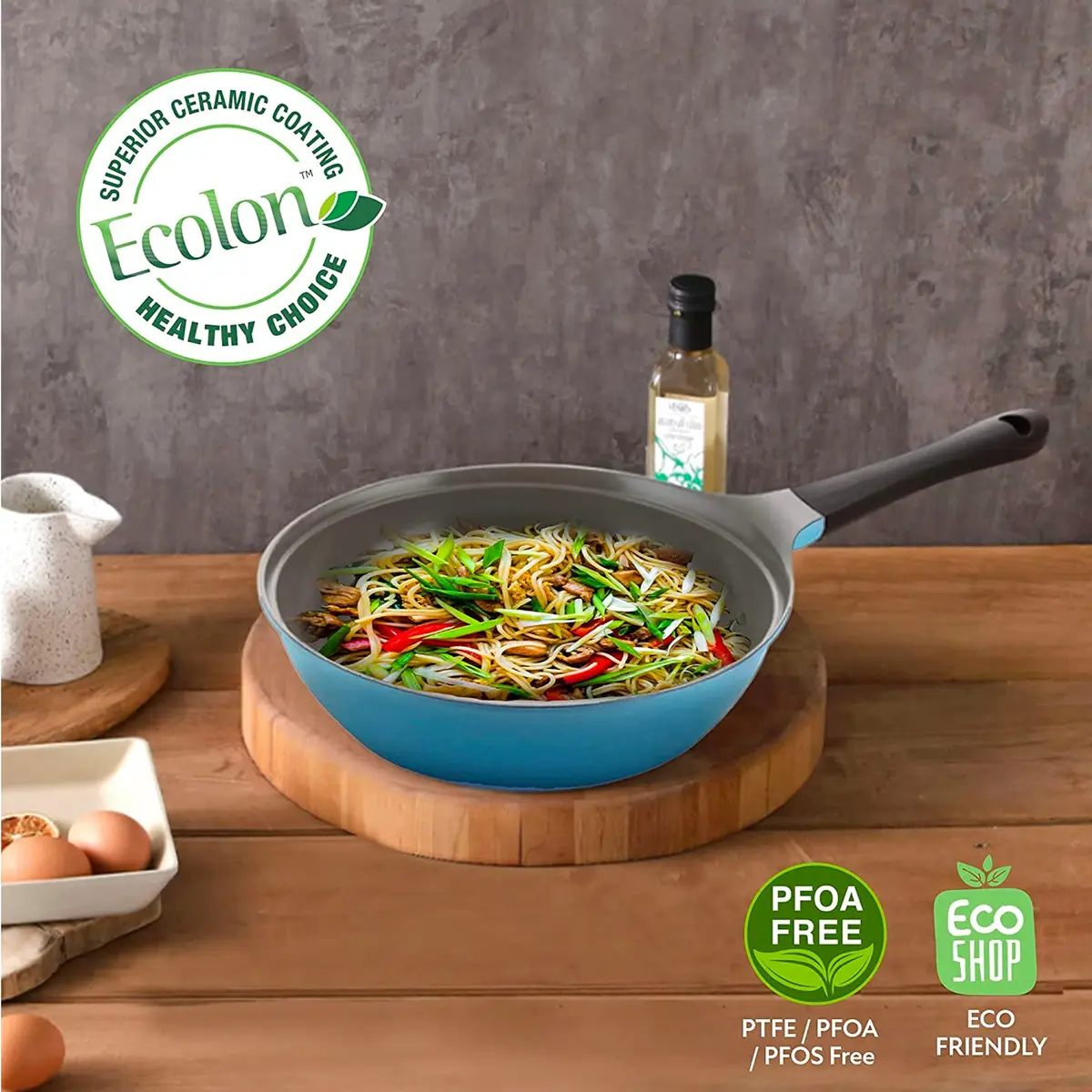 Neoflam Eela 12'' Non Stick Chef's Wok with Glass Lid | PFOA-Free Ceramic Coating, Lightweight & Durable - view 3