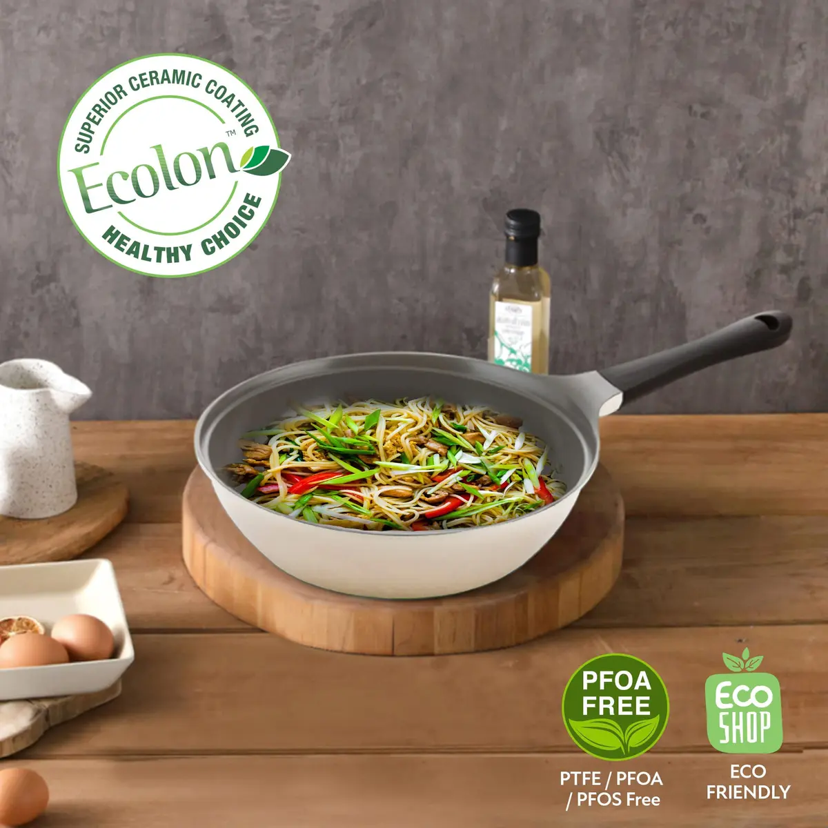 Neoflam Eela 12'' Non Stick Chef's Wok with Glass Lid | PFOA-Free Ceramic Coating, Lightweight & Durable - view 4