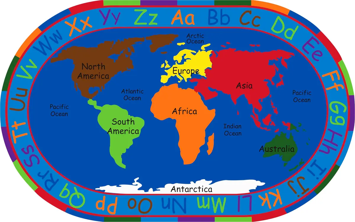KIDCARPET.COM All Around The World Map Rug, 6' x 8'6" Oval | Educational Kids Rug for Classroom & Playroom - main product image