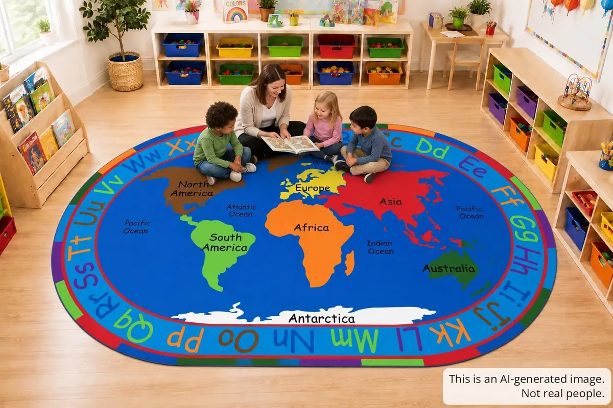 KIDCARPET.COM All Around The World Map Rug, 6' x 8'6" Oval | Educational Kids Rug for Classroom & Playroom - view 5