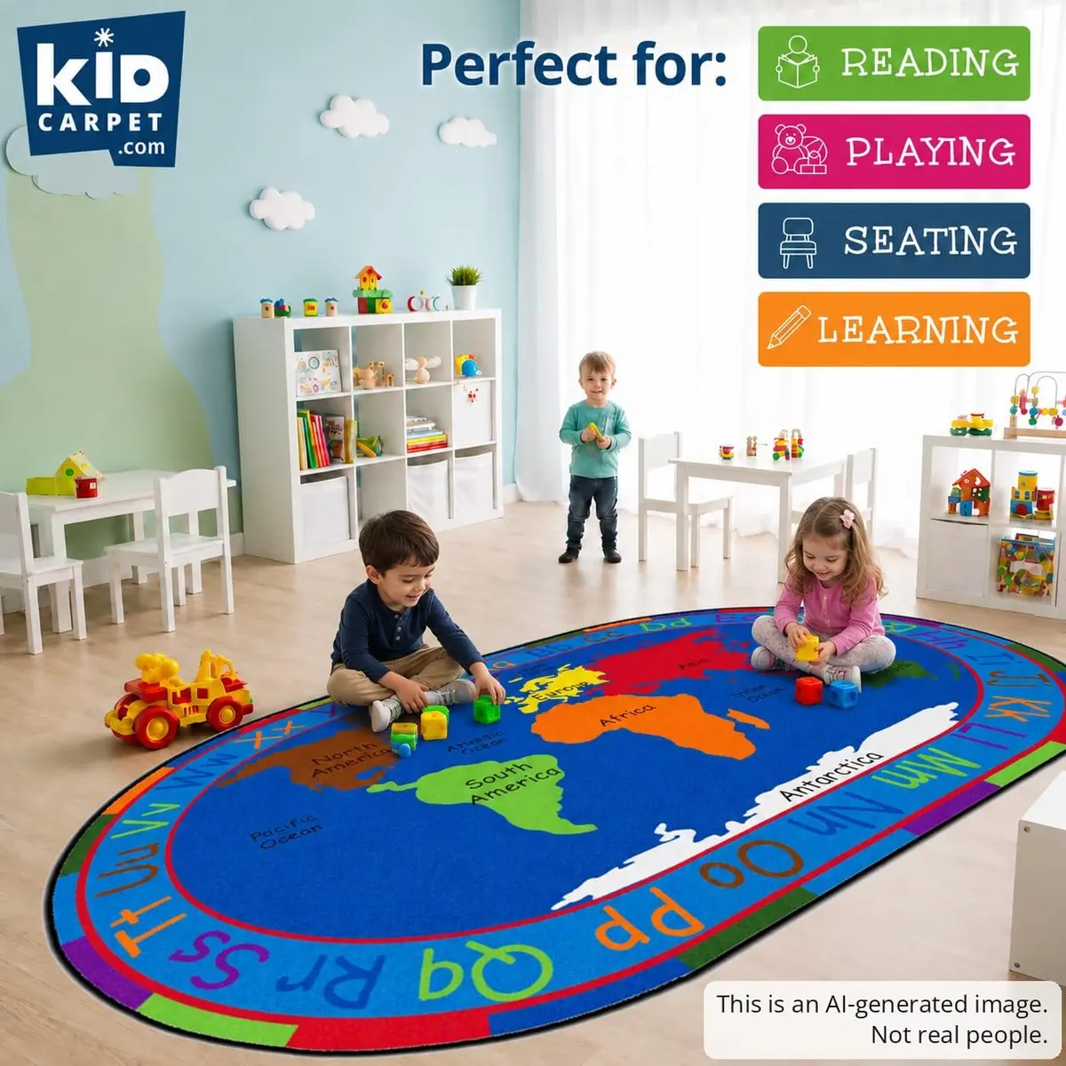 KIDCARPET.COM All Around The World Map Rug, 6' x 8'6" Oval | Educational Kids Rug for Classroom & Playroom - view 3