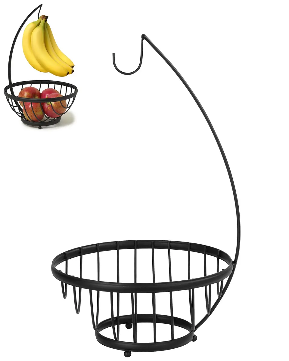 Spectrum Ashley Small Fruit Basket with Banana Hanger Hook, Black | Compact Steel Organizer for Fruits & Snacks - main product image