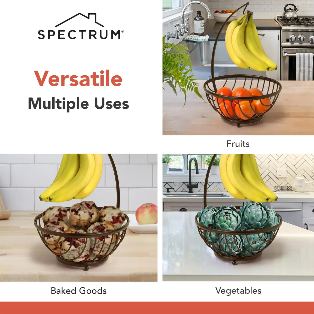 Spectrum Ashley Small Fruit Basket with Banana Hanger Hook, Black | Compact Steel Organizer for Fruits & Snacks - view 6
