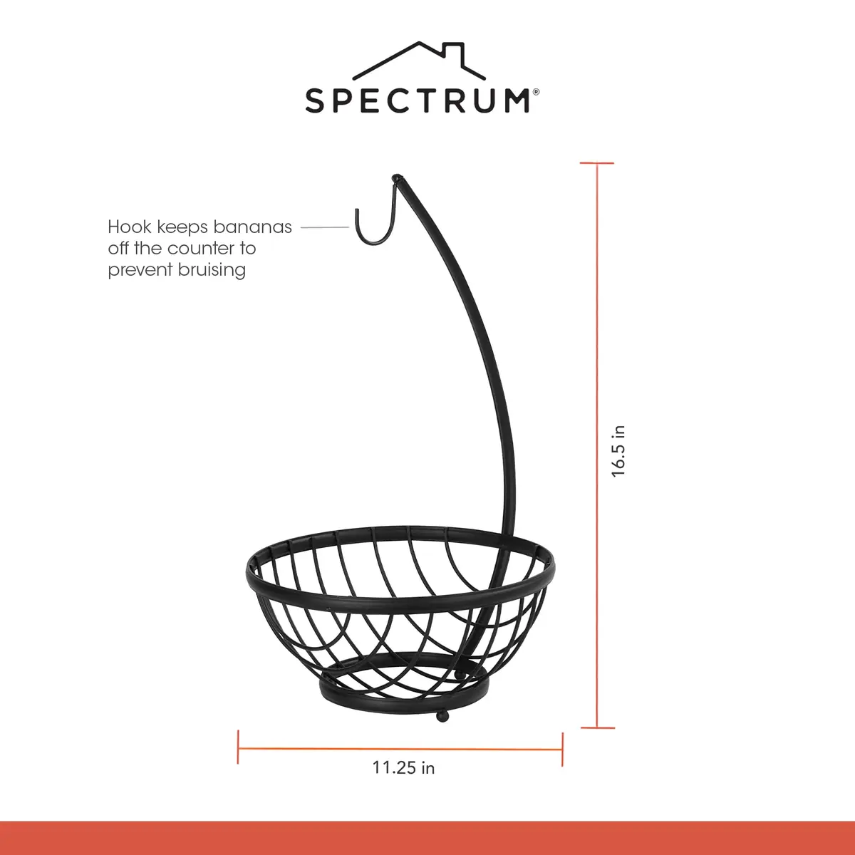 Spectrum Ashley Small Fruit Basket with Banana Hanger Hook, Black | Compact Steel Organizer for Fruits & Snacks - view 7