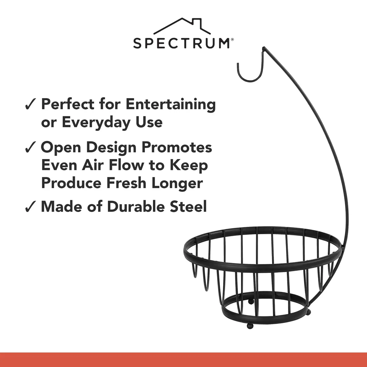 Spectrum Ashley Small Fruit Basket with Banana Hanger Hook, Black | Compact Steel Organizer for Fruits & Snacks - view 4