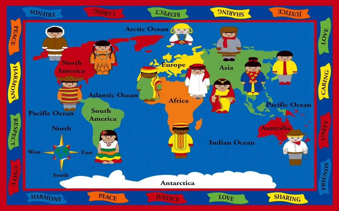KIDCARPET.COM World of Peace Globe Map Classroom Rug | Geography Learning Carpet for Preschool & Elementary, 6' x 8'6" - main product image