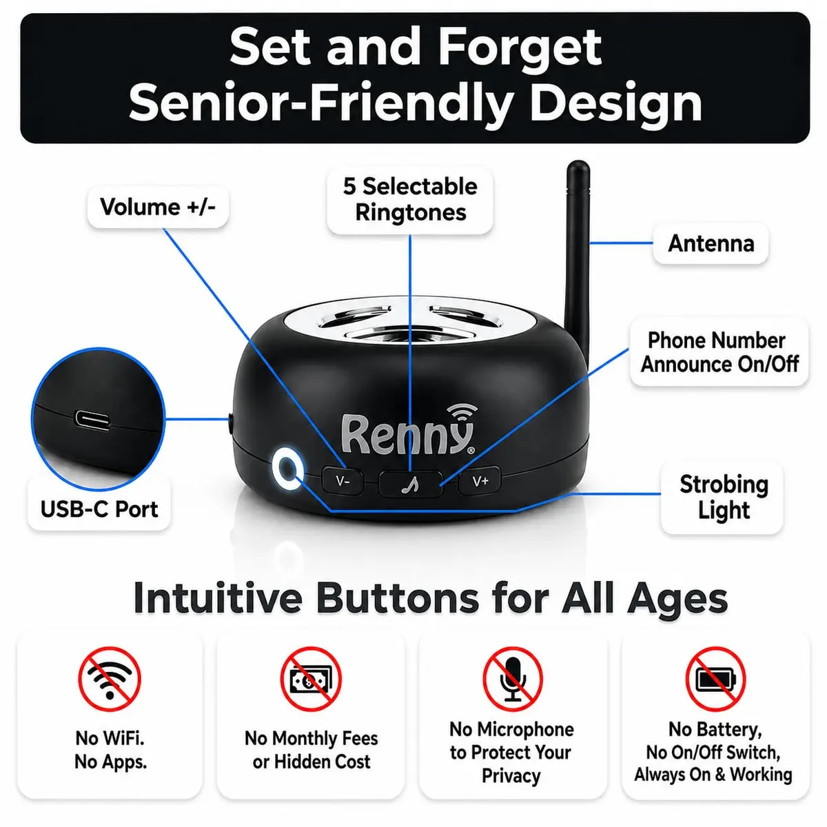 RENNY Loud Cell Phone Ringer Amplifier & LED Flasher 117 dB Bluetooth | Bright Flashing Light & Loud Ringtone for Calls - view 6