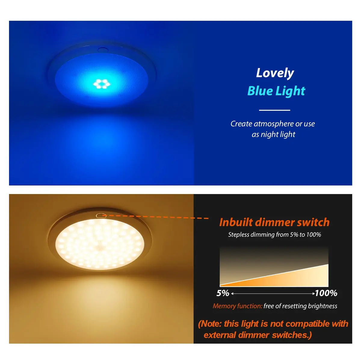 Dream lighting 12V Ceiling Light for RV & Boat | Dimmable LED Round Fixture 8.5 inch with Memory Function - view 4