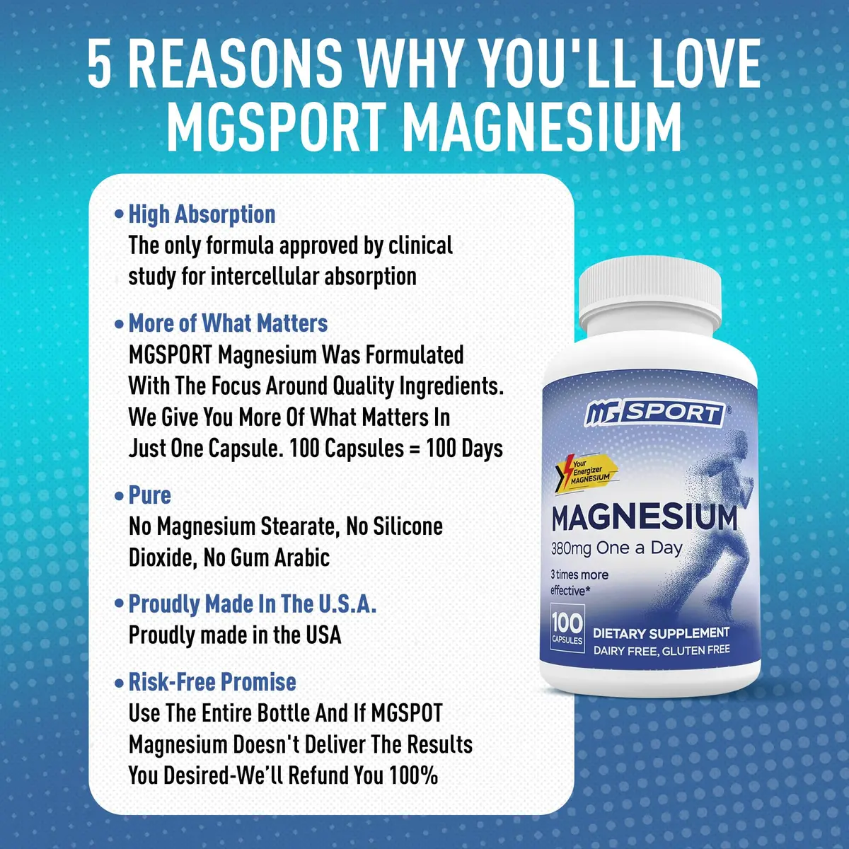 MgSport 100 Magnesium Supplement | Supports Muscles & Sleep, 100 Capsules, Unflavored - view 5