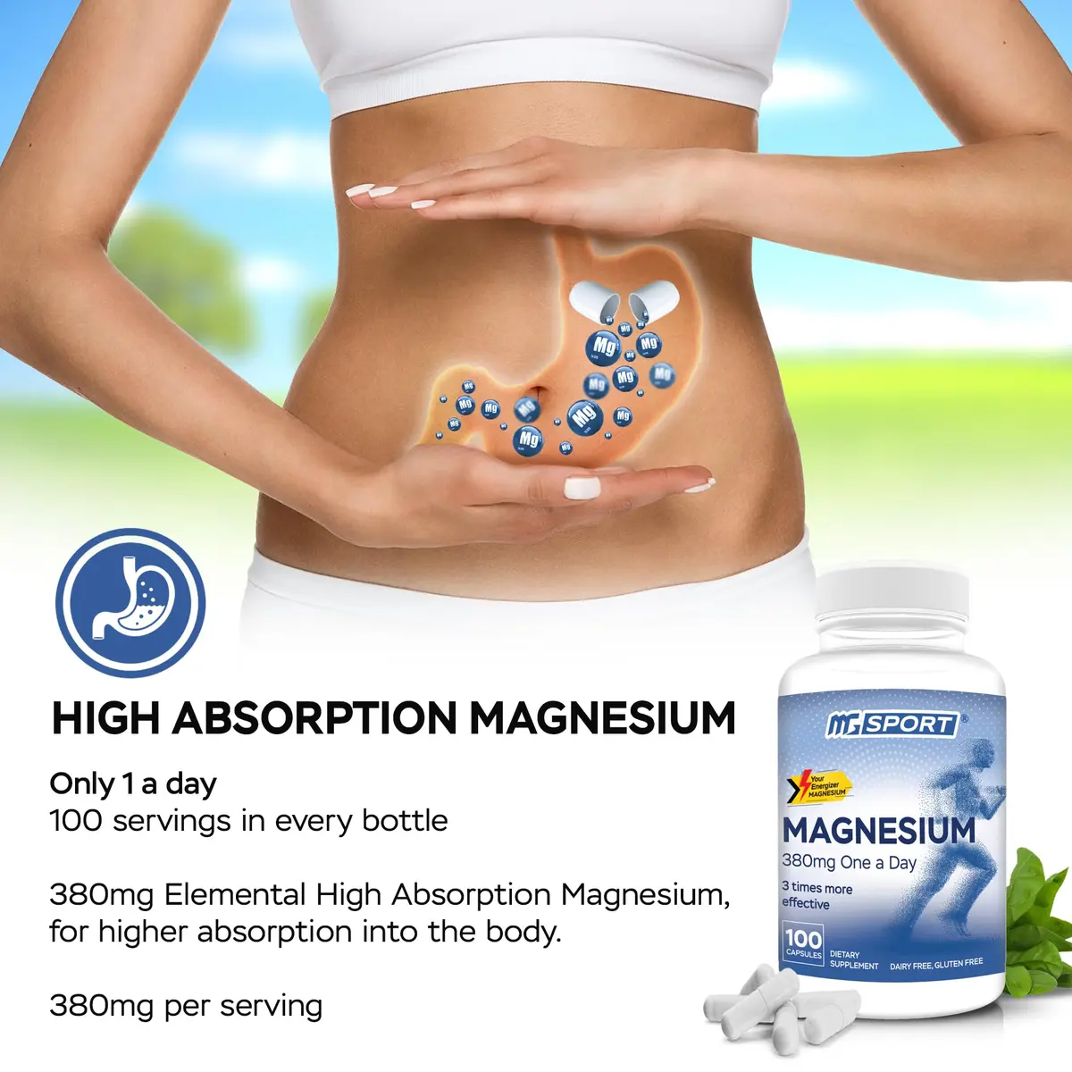 MgSport 100 Magnesium Supplement | Supports Muscles & Sleep, 100 Capsules, Unflavored - view 2