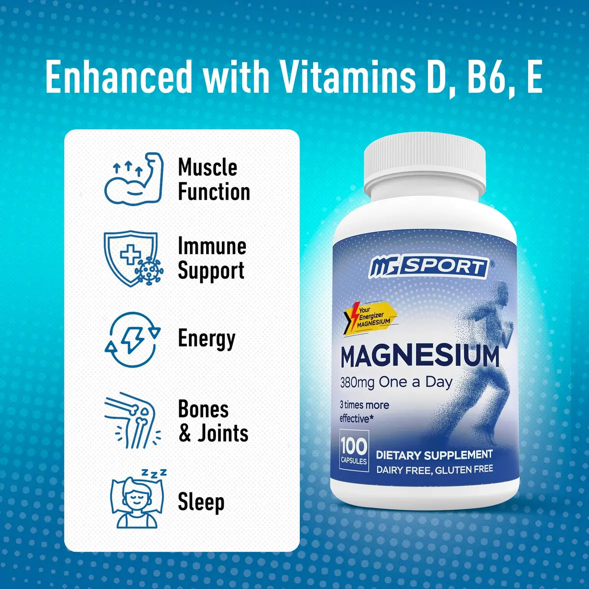 MgSport 100 Magnesium Supplement | Supports Muscles & Sleep, 100 Capsules, Unflavored - view 3