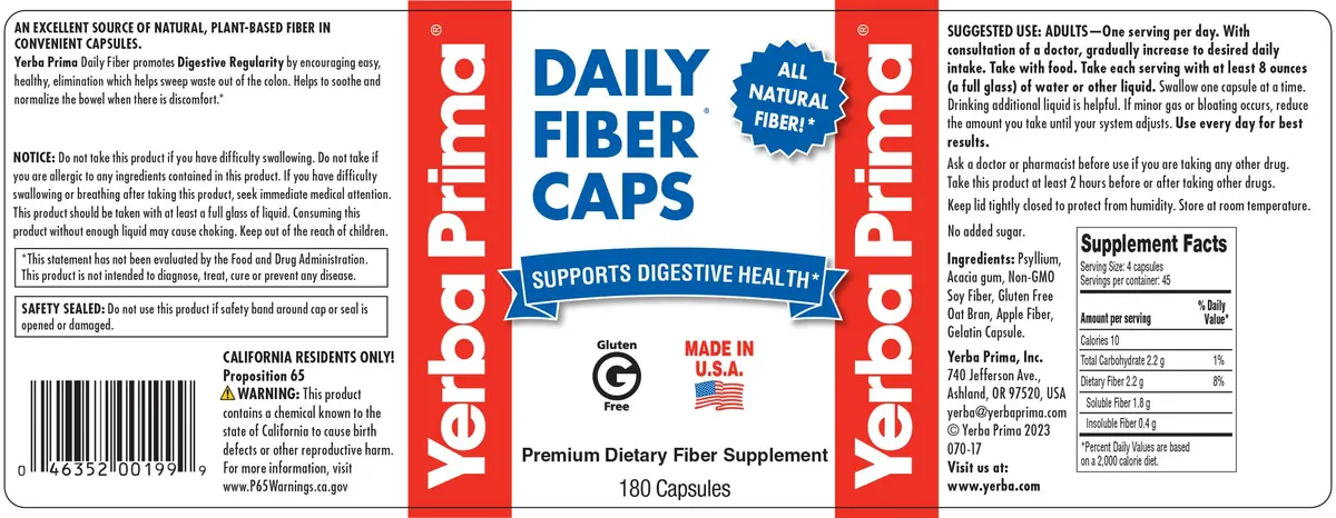 Yerba Prima Daily Fiber Formula 180 caps | Vegan, Non-GMO, Gluten-Free for Gut Health - view 5