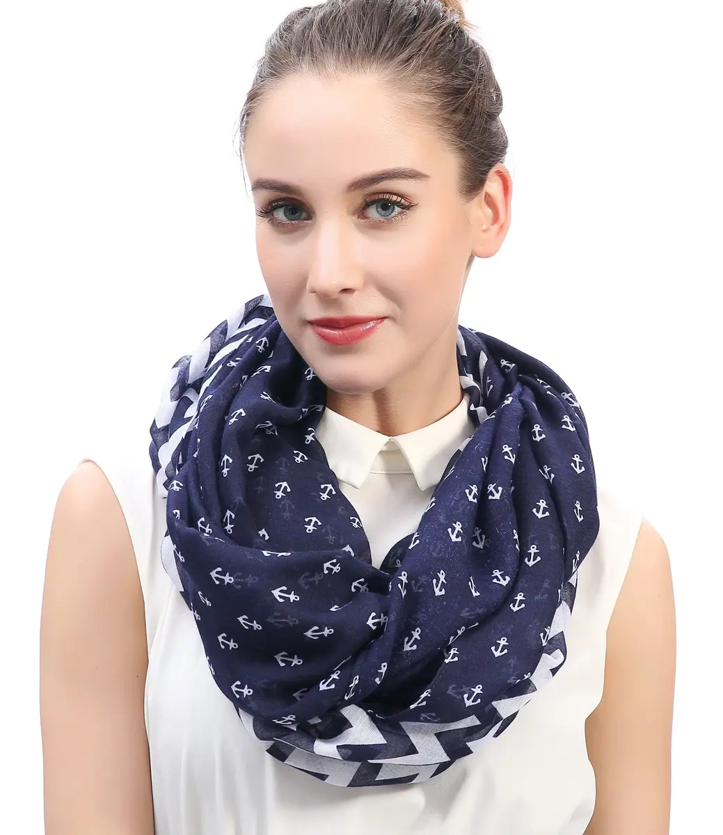 Lina & Lily Nautical Anchor Print Women's Infinity Scarf Lightweight (Navy Blue with Anchor Chevron Design) | All-Season Fashion Accessory - main product image