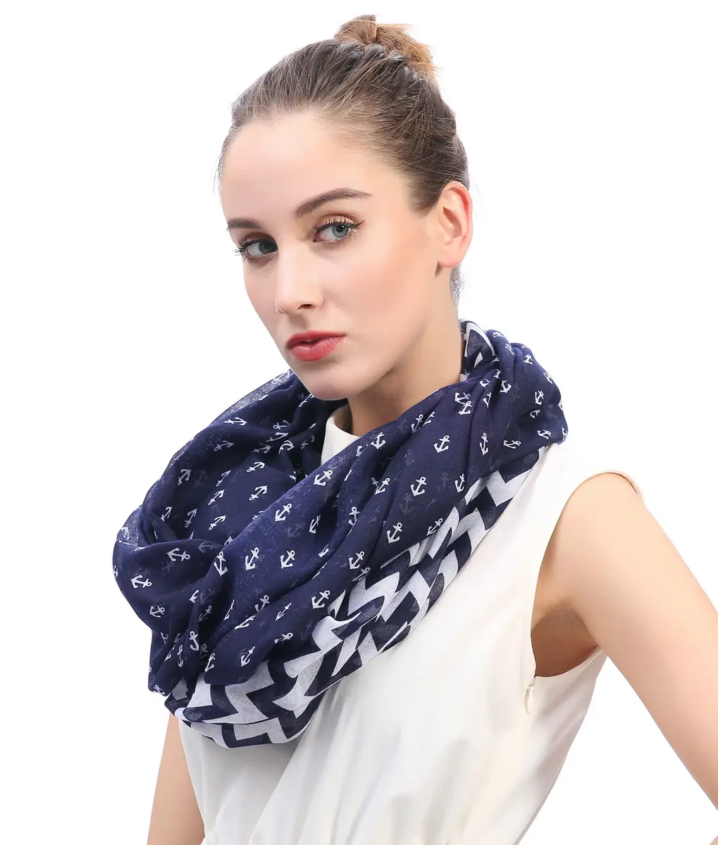 Lina & Lily Nautical Anchor Print Women's Infinity Scarf Lightweight (Navy Blue with Anchor Chevron Design) | All-Season Fashion Accessory - view 2