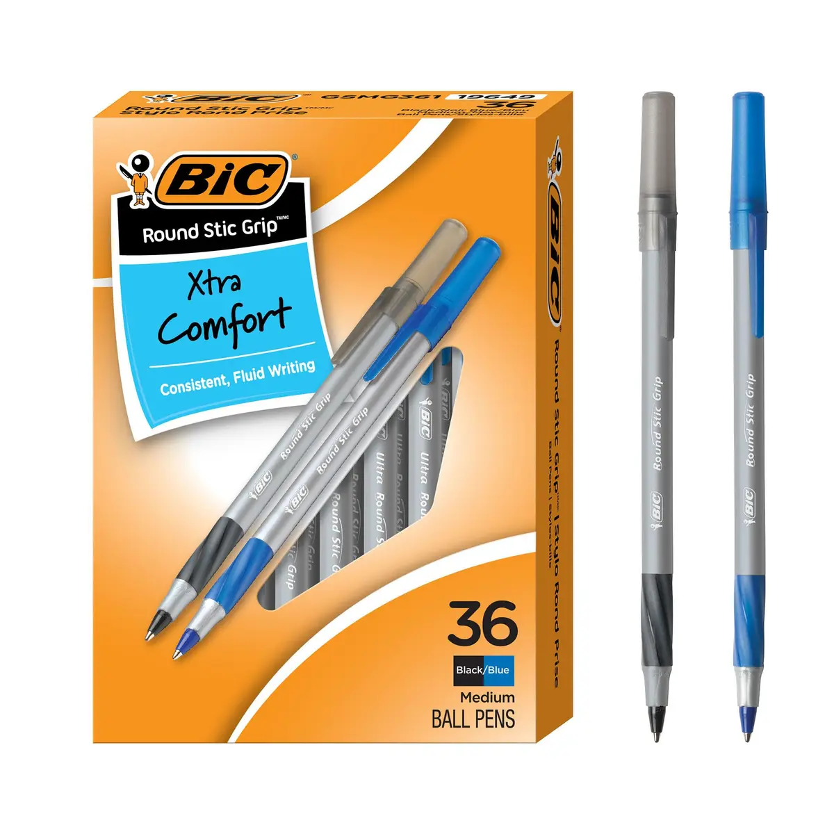 BIC Round Stic Grip Xtra Comfort Ballpoint Pens, Black and Blue Ink, 36-Count | Smooth Ink Flow - main product image