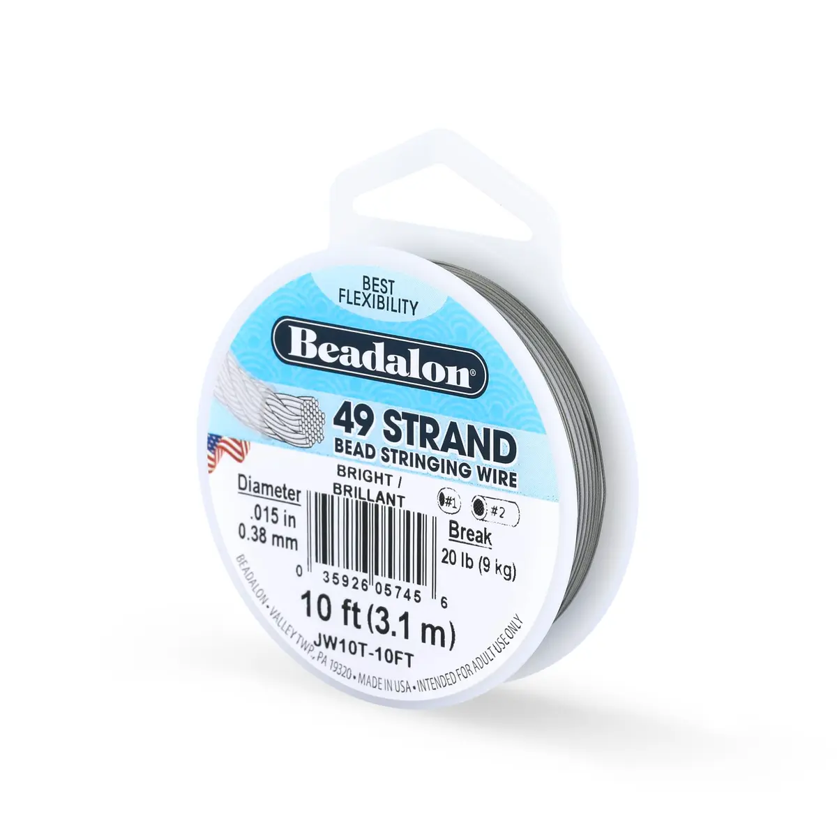 Beadalon 49-Strand Bead Wire .015" / 0.38 mm Bright 10 ft | Flexible Jewelry Wire for Beading Crafts - main product image