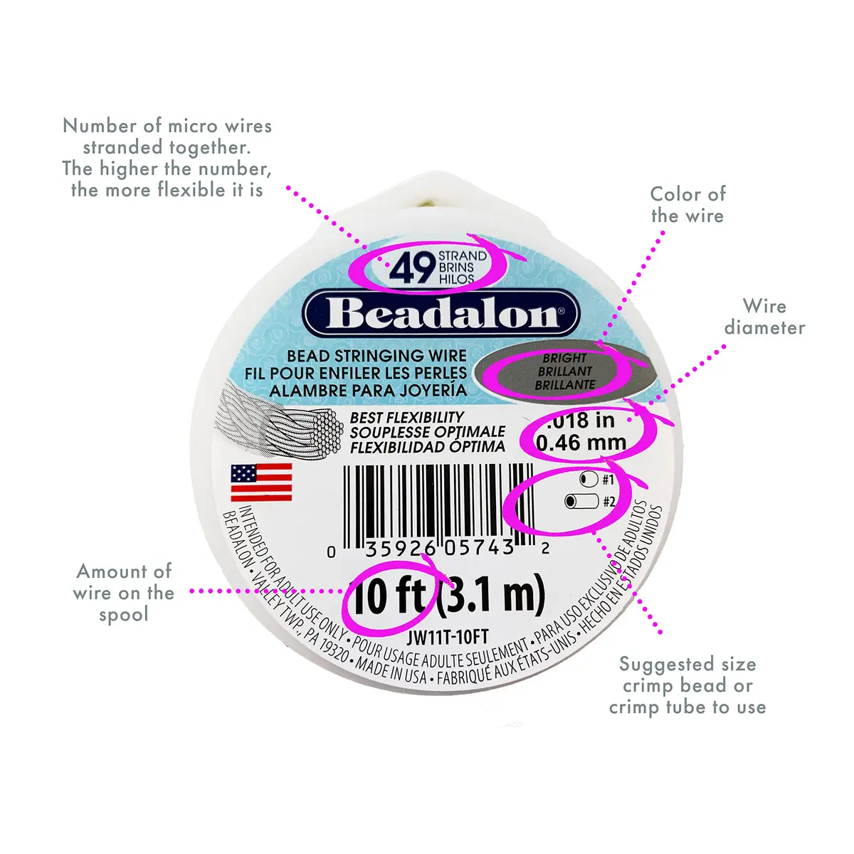 Beadalon 49-Strand Bead Wire .015" / 0.38 mm Bright 10 ft | Flexible Jewelry Wire for Beading Crafts - view 3