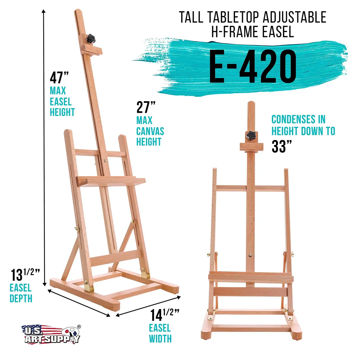 U.S. Art Supply Medium Wooden H-Frame Studio Tabletop Easel | Adjustable Stand, Holds Up To 27" Canvas, Portable Table Top Easel for Painting - view 2
