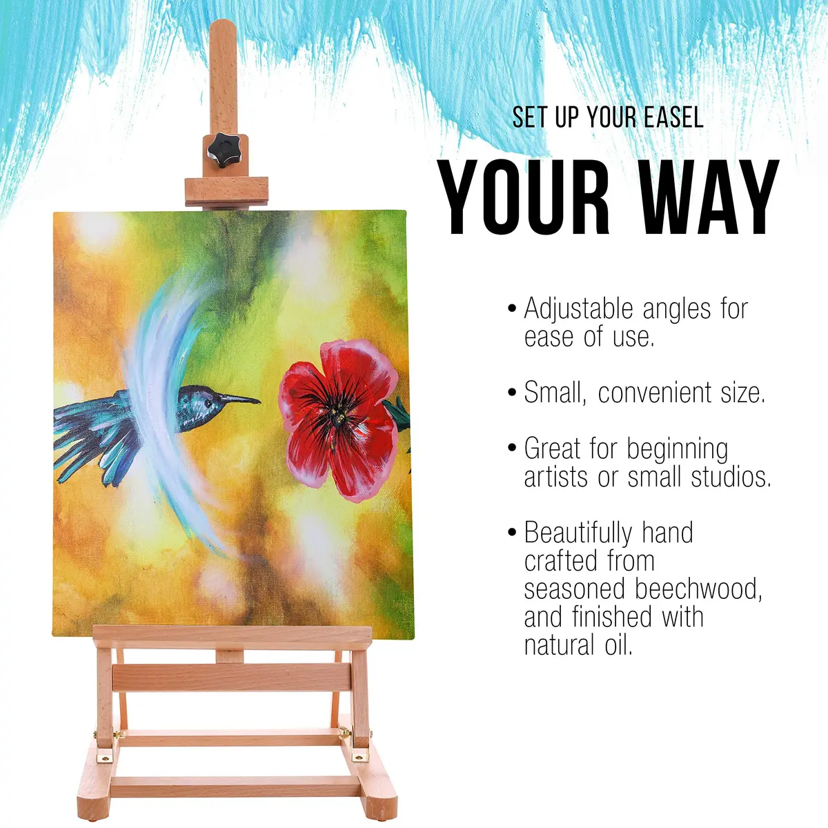 U.S. Art Supply Medium Wooden H-Frame Studio Tabletop Easel | Adjustable Stand, Holds Up To 27" Canvas, Portable Table Top Easel for Painting - view 4