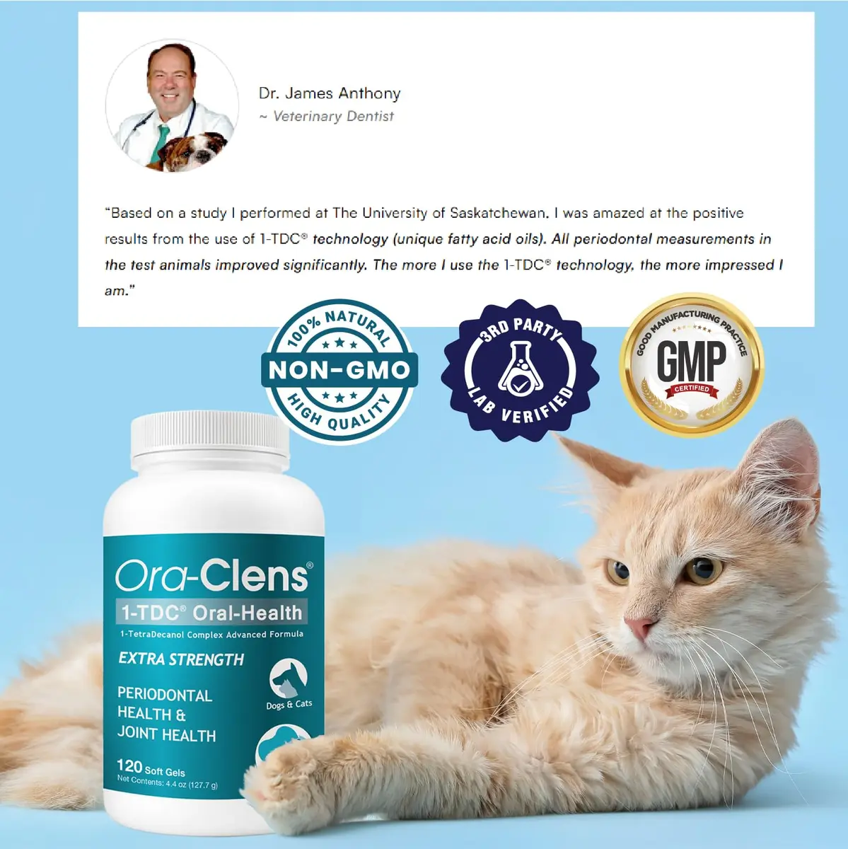 Ora-Clens 1-TDC Periodontal Supplement ES for Dog & Cat | Supports Oral, Hip & Joint Health, Skin & Coat, 120 Capsules - view 7