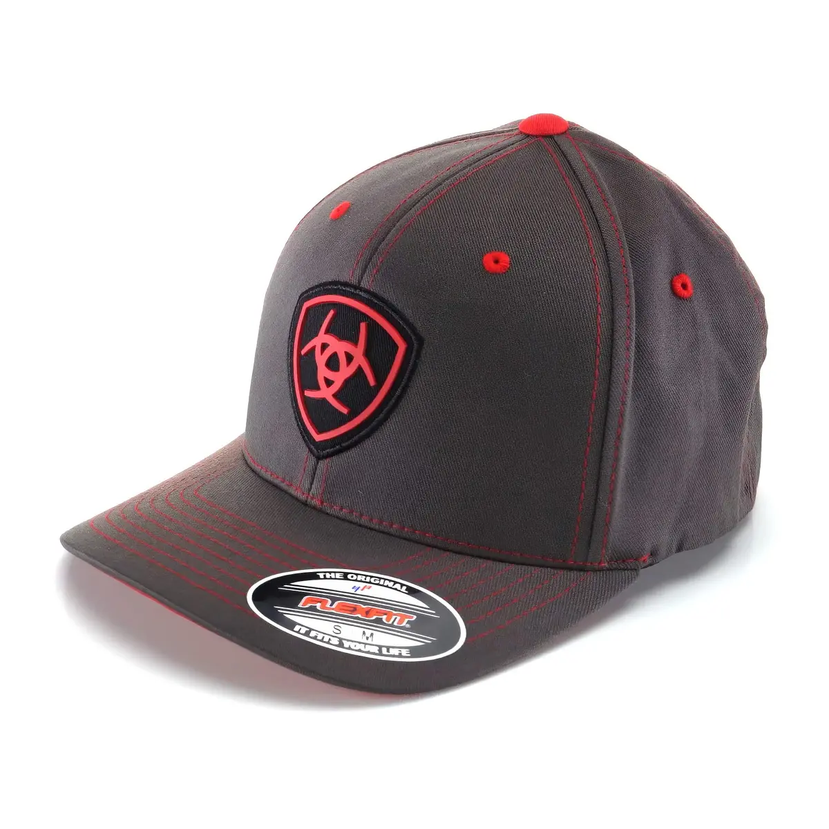 ARIAT Men's Flexfit Cap, Embroidered Shield Logo, Gray/Red, Small-Medium | Casual Fitted Baseball Cap with Embroidery - main product image