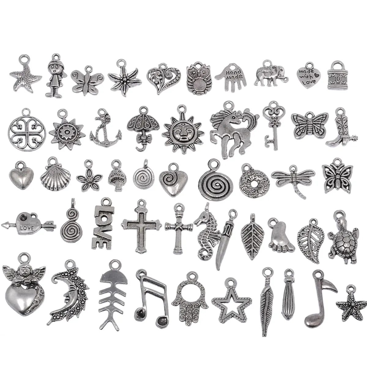 RUBYCA 50Pcs Mixed Silver Charms for Jewelry Making | Antiqued Silver Color, Rustic Vintage Look, 1-3.7cm - main product image