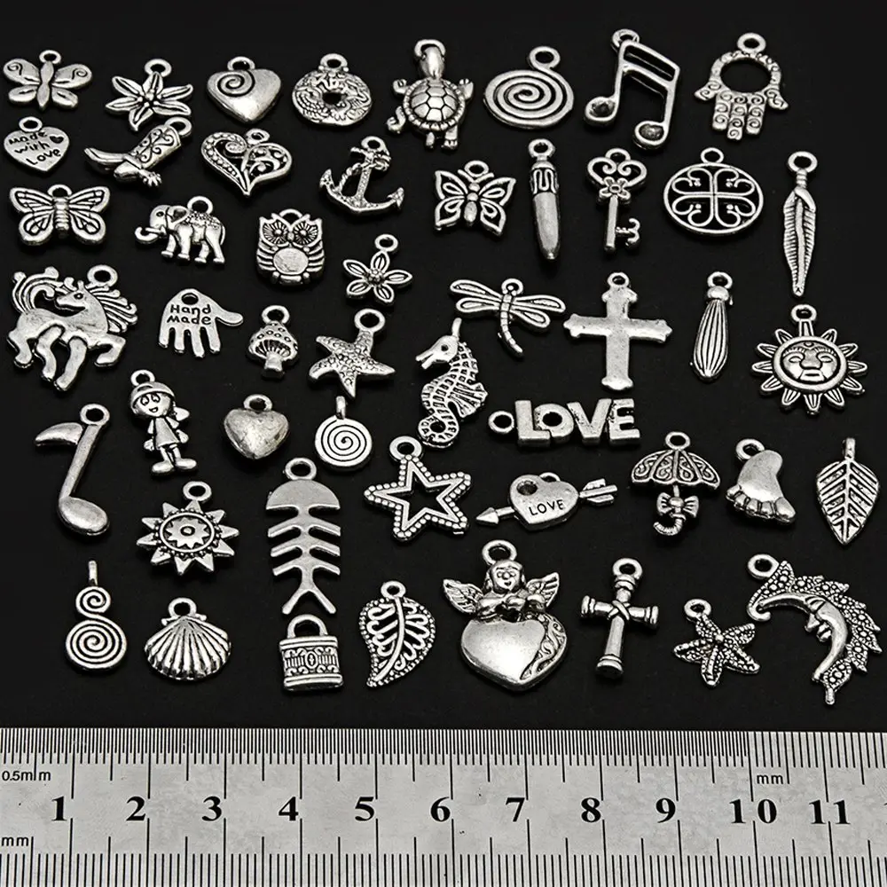 RUBYCA 50Pcs Mixed Silver Charms for Jewelry Making | Antiqued Silver Color, Rustic Vintage Look, 1-3.7cm - view 2