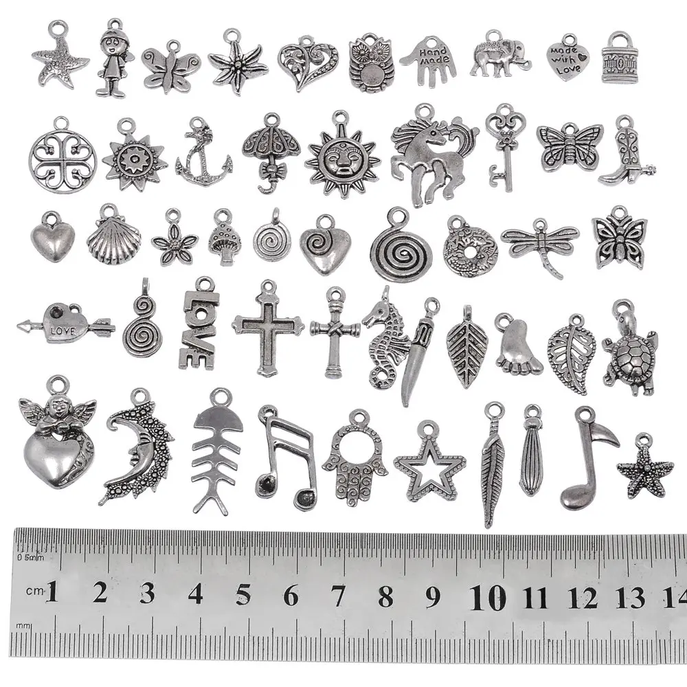 RUBYCA 50Pcs Mixed Silver Charms for Jewelry Making | Antiqued Silver Color, Rustic Vintage Look, 1-3.7cm - view 3