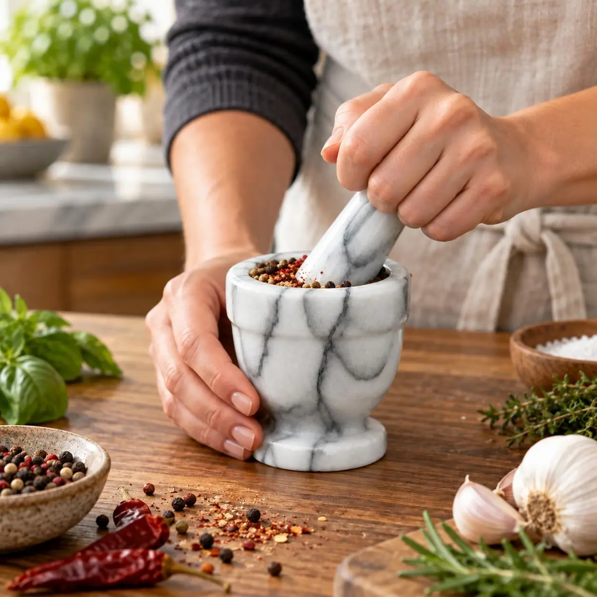 HIC Kitchen Tall Mortar and Pestle Set, Solid Carrara Marble, 4-Inch | Durable Kitchen Tool for Spices & Remedies - view 2