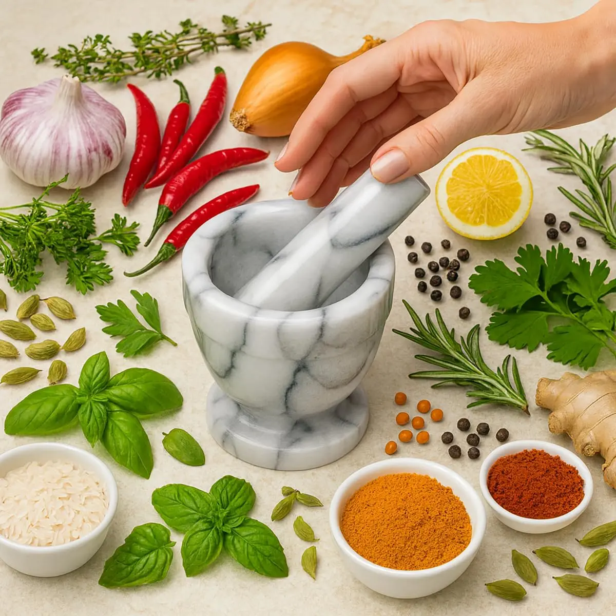 HIC Kitchen Tall Mortar and Pestle Set, Solid Carrara Marble, 4-Inch | Durable Kitchen Tool for Spices & Remedies - view 4