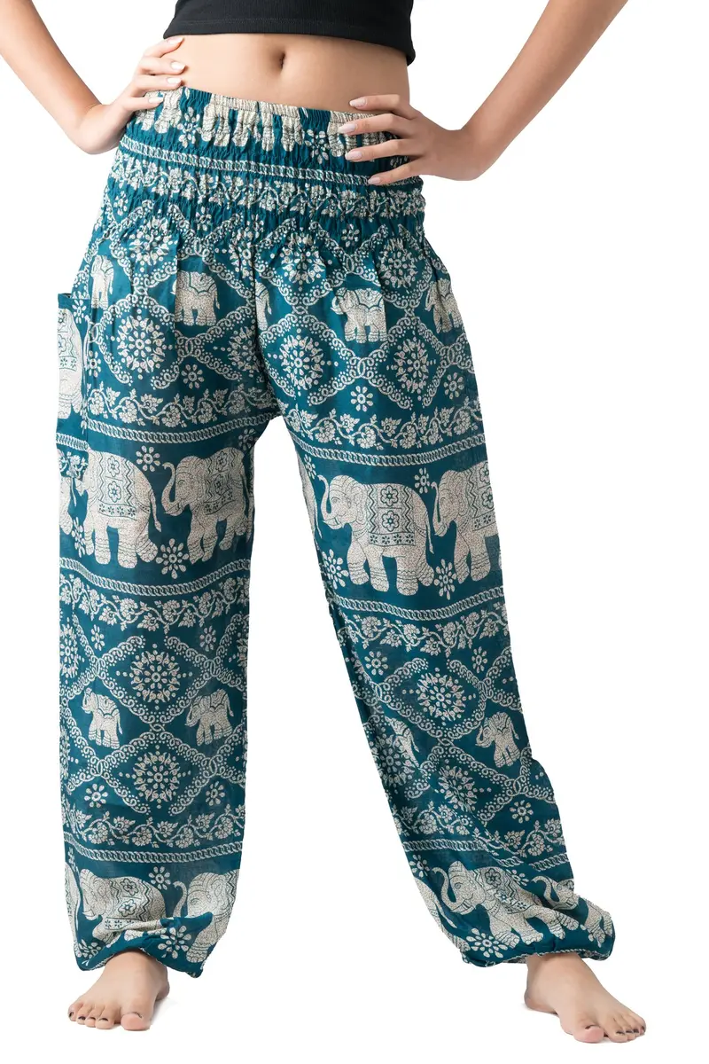 B BANGKOK PANTS Boho Harem Pants Women (One Size, Green Elephant) | Lightweight Rayon, Bohemian Style, Versatile for Beach & Festival - main product image
