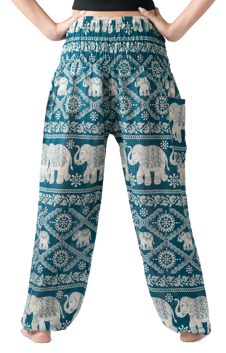 B BANGKOK PANTS Boho Harem Pants Women (One Size, Green Elephant) | Lightweight Rayon, Bohemian Style, Versatile for Beach & Festival - view 5
