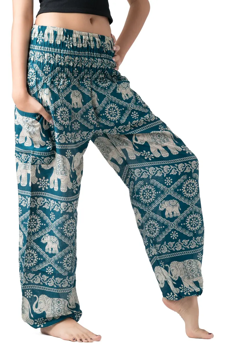B BANGKOK PANTS Boho Harem Pants Women (One Size, Green Elephant) | Lightweight Rayon, Bohemian Style, Versatile for Beach & Festival - view 2