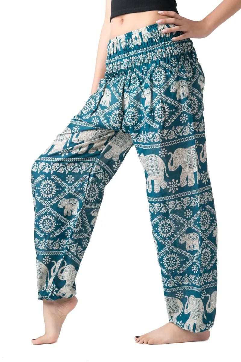 B BANGKOK PANTS Boho Harem Pants Women (One Size, Green Elephant) | Lightweight Rayon, Bohemian Style, Versatile for Beach & Festival - view 3