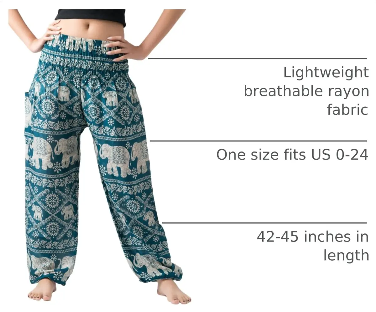 B BANGKOK PANTS Boho Harem Pants Women (One Size, Green Elephant) | Lightweight Rayon, Bohemian Style, Versatile for Beach & Festival - view 4