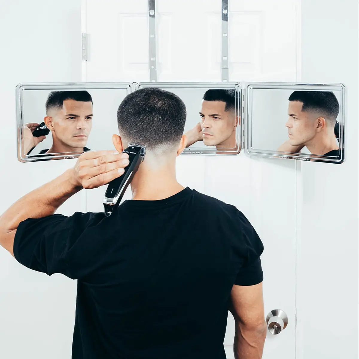 Self-Cut System 3 Way Mirror Black Lambo Portable Trifold Mirror 14"L x 9.5"W | 360° Grooming Control - main product image
