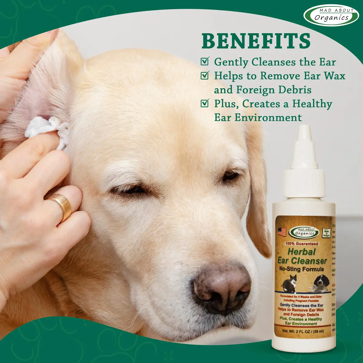 Mad About Organics Herbal Ear Cleanser for Dogs & Cats 2oz | No-Sting Herbal Ear Wash Supports Ear Health - view 3