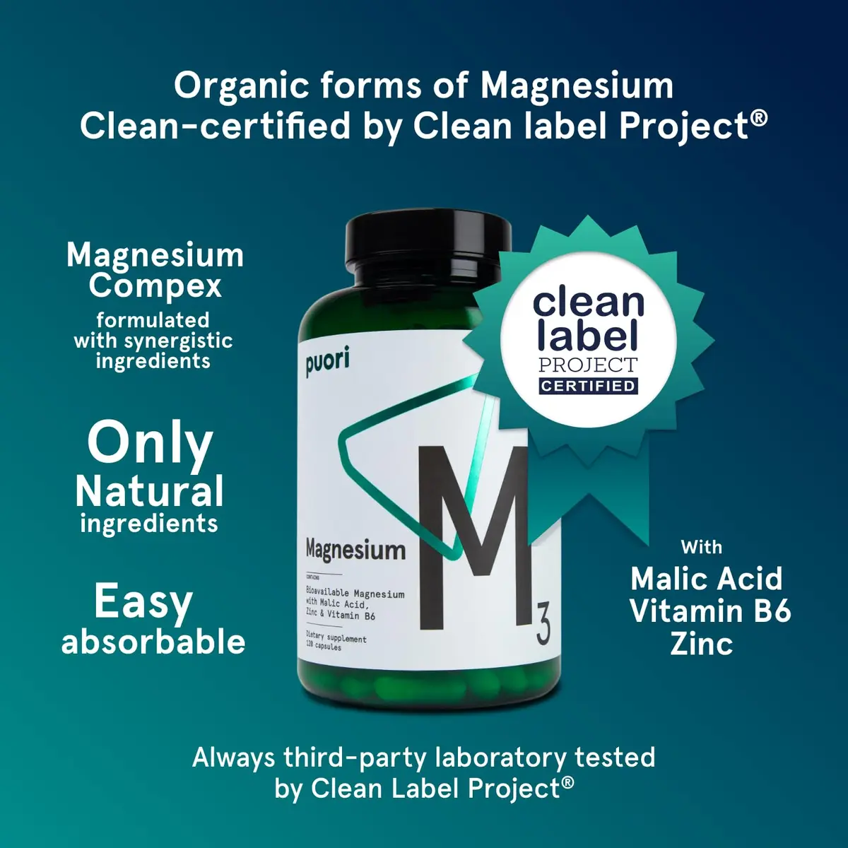 Puori M3 Magnesium Complex Supplement for Men & Women - 240 Vegan Capsules | Supports Energy & Muscle Function - view 2