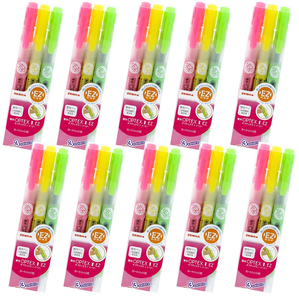 ゼブラ(ZEBRA) Optex 1 EZ 3 Color Highlighter 10 Count | Vibrant Fluorescent Colors, Easy Cap, Long Lasting (70-120 chars) - main product image