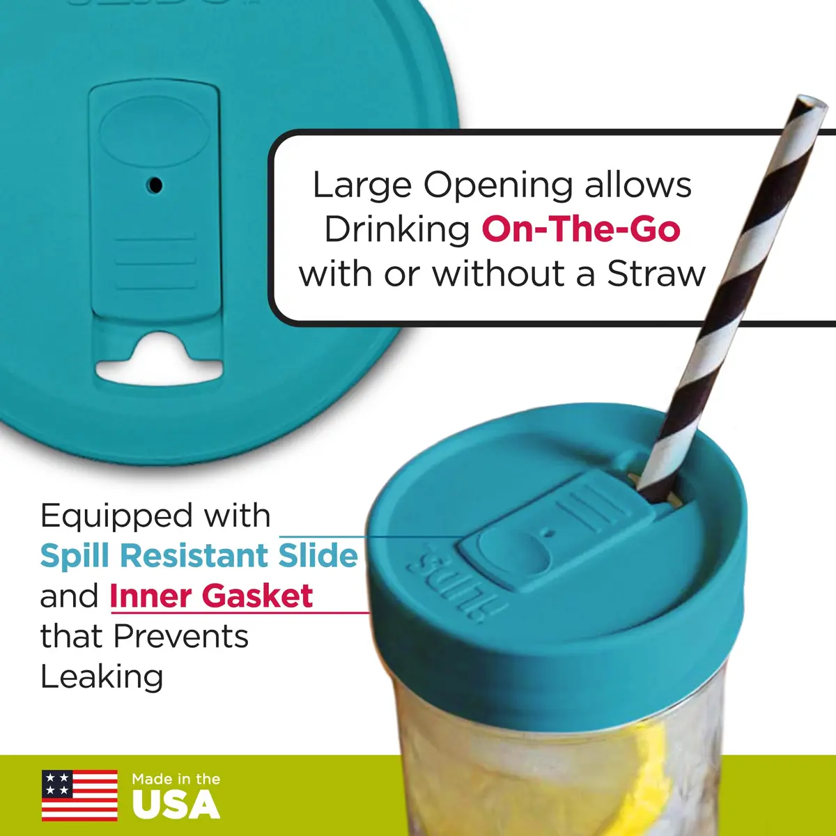 iLIDS Mason Jar Drink Lid, Wide Mouth, Aqua Blue, 2 Pack | Spill-Resistant, Reusable, USA Made - view 3
