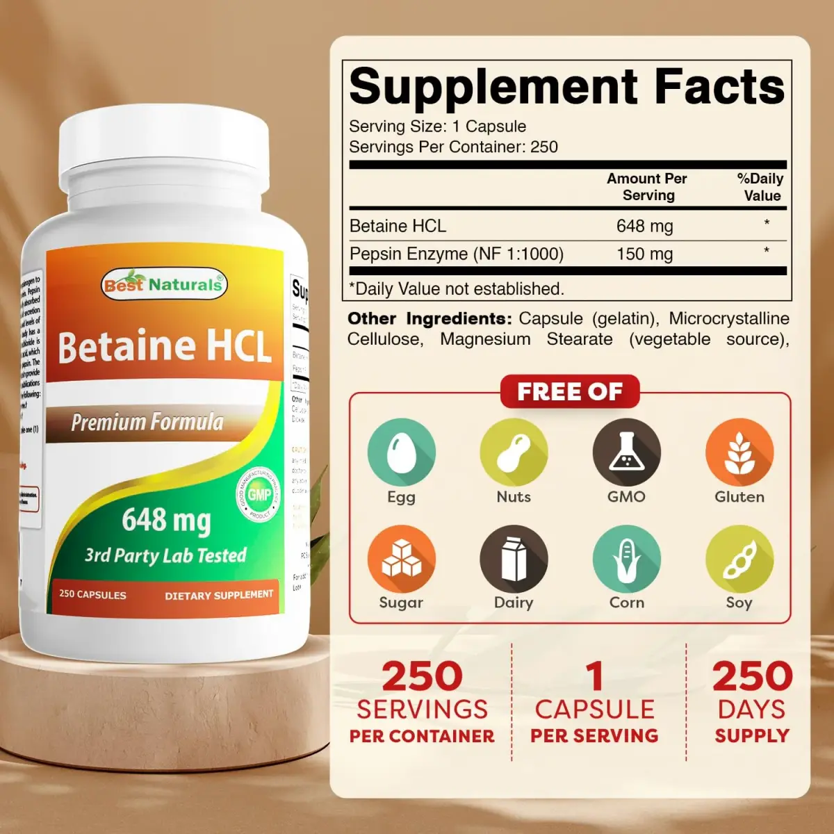 Best Naturals Betaine HCL 648 mg 250 Capsules | Digestive Health Support - view 2