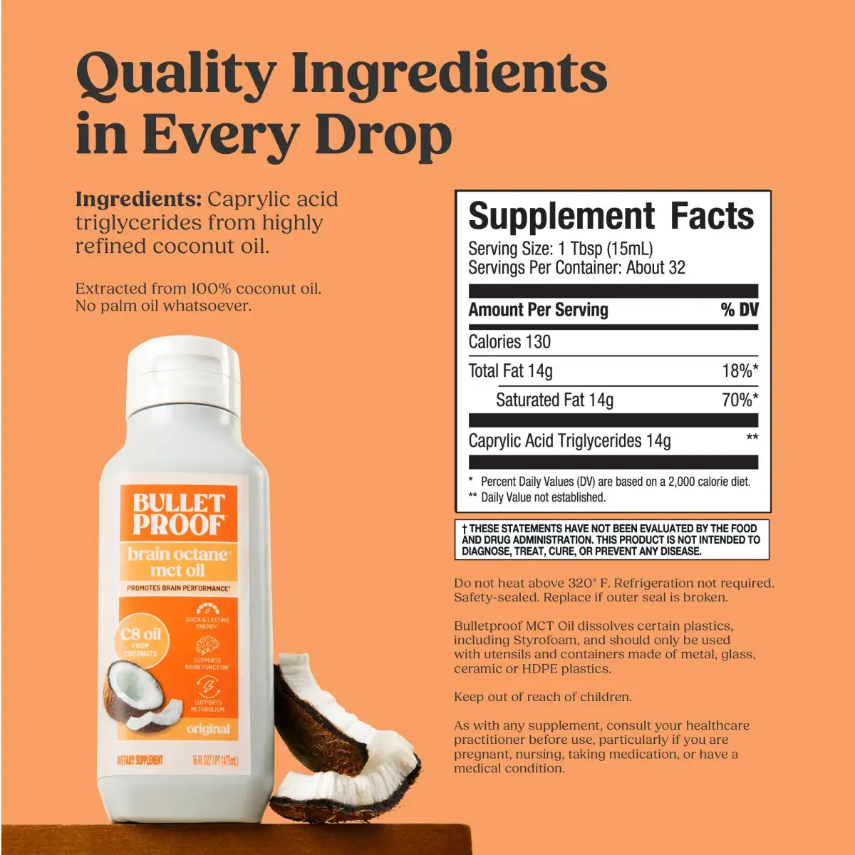 Bulletproof Brain Octane C8 MCT Oil 473ml (16 Fl Oz) | Triple-Distilled Keto Energy Supplement - view 2